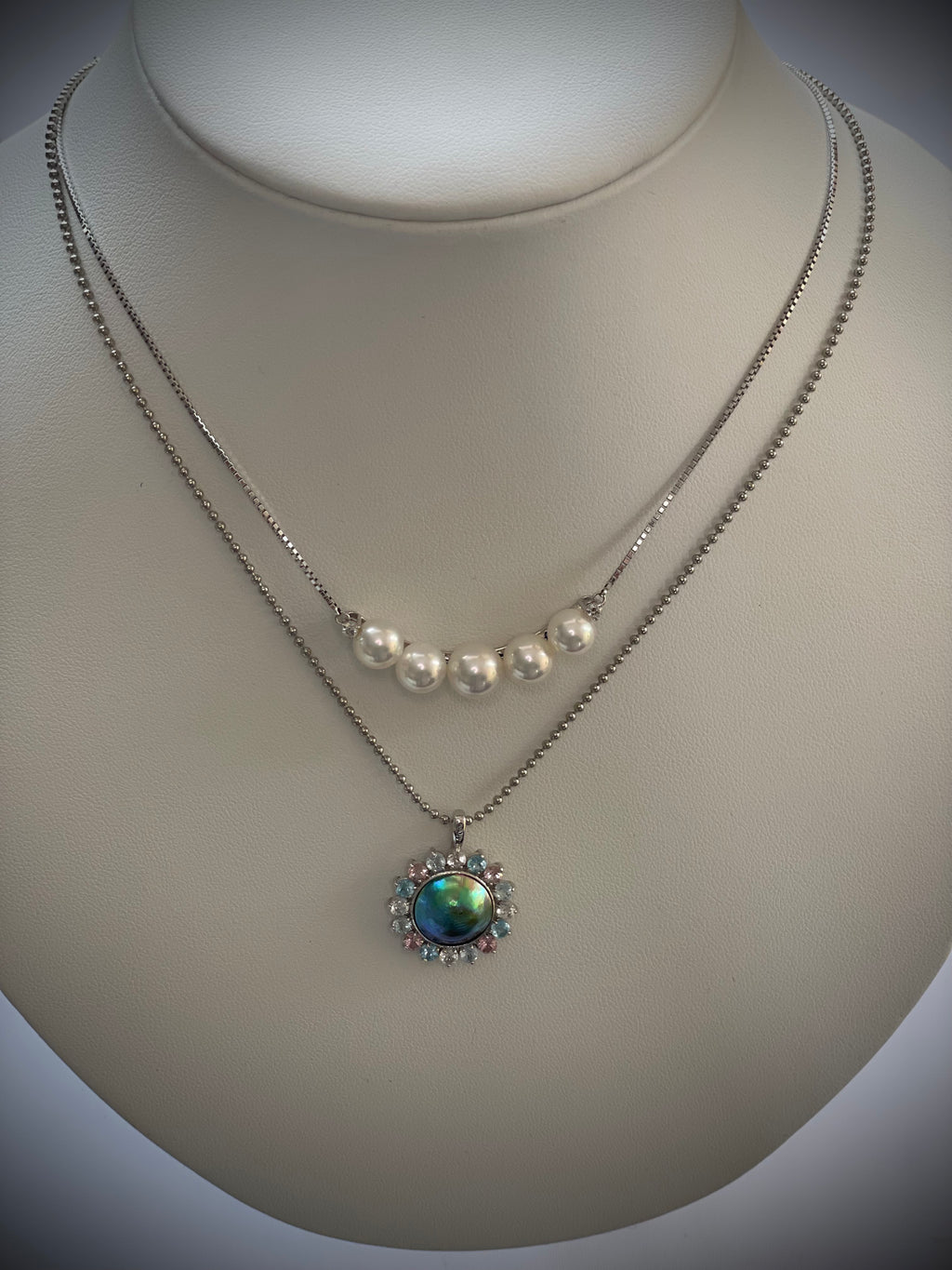 Abalone Pearl 12mm with Color Stone Surround B (Pink Tourmaline, Blue Topaz, Sky Blue Topaz, Citrine White)