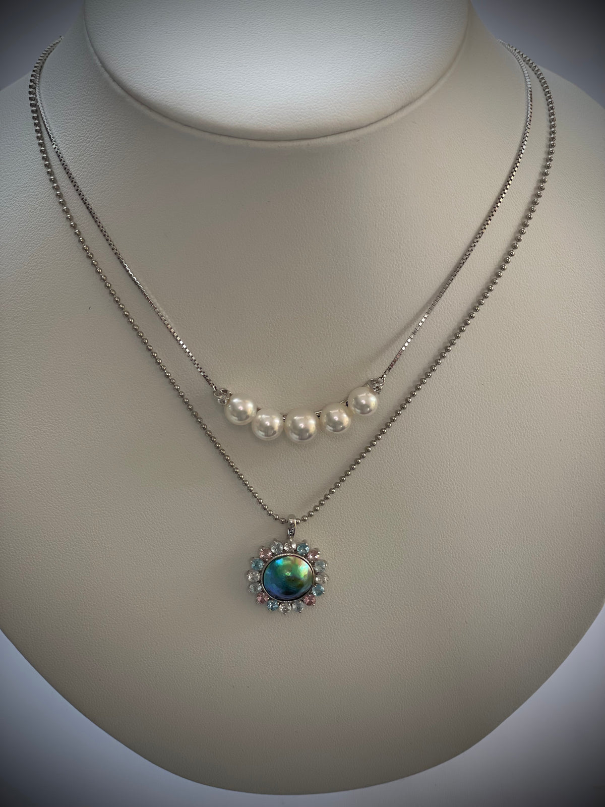 Abalone Pearl 12mm with Color Stone Surround B (Pink Tourmaline, Blue Topaz, Sky Blue Topaz, Citrine White)