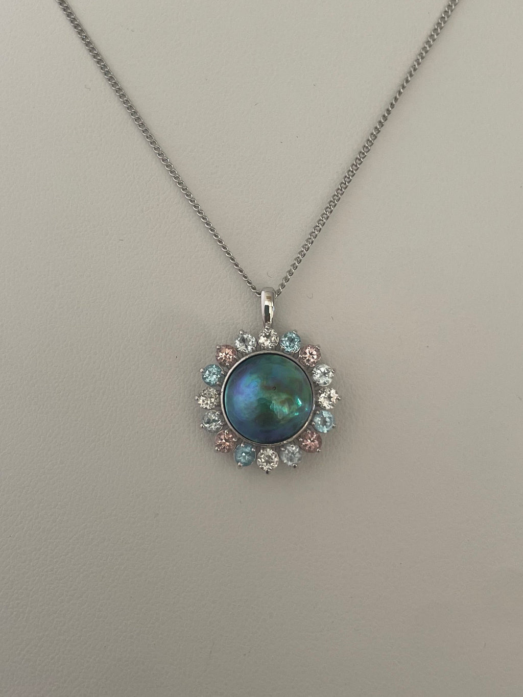Abalone Pearl 12mm with Color Stone Surround B (Pink Tourmaline, Blue Topaz, Sky Blue Topaz, Citrine White)