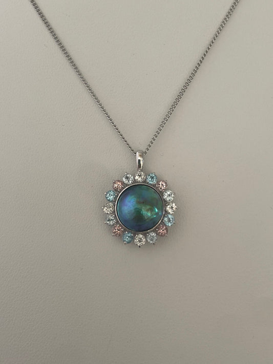 Abalone Pearl 12mm with Color Stone Surround B (Pink Tourmaline, Blue Topaz, Sky Blue Topaz, Citrine White)