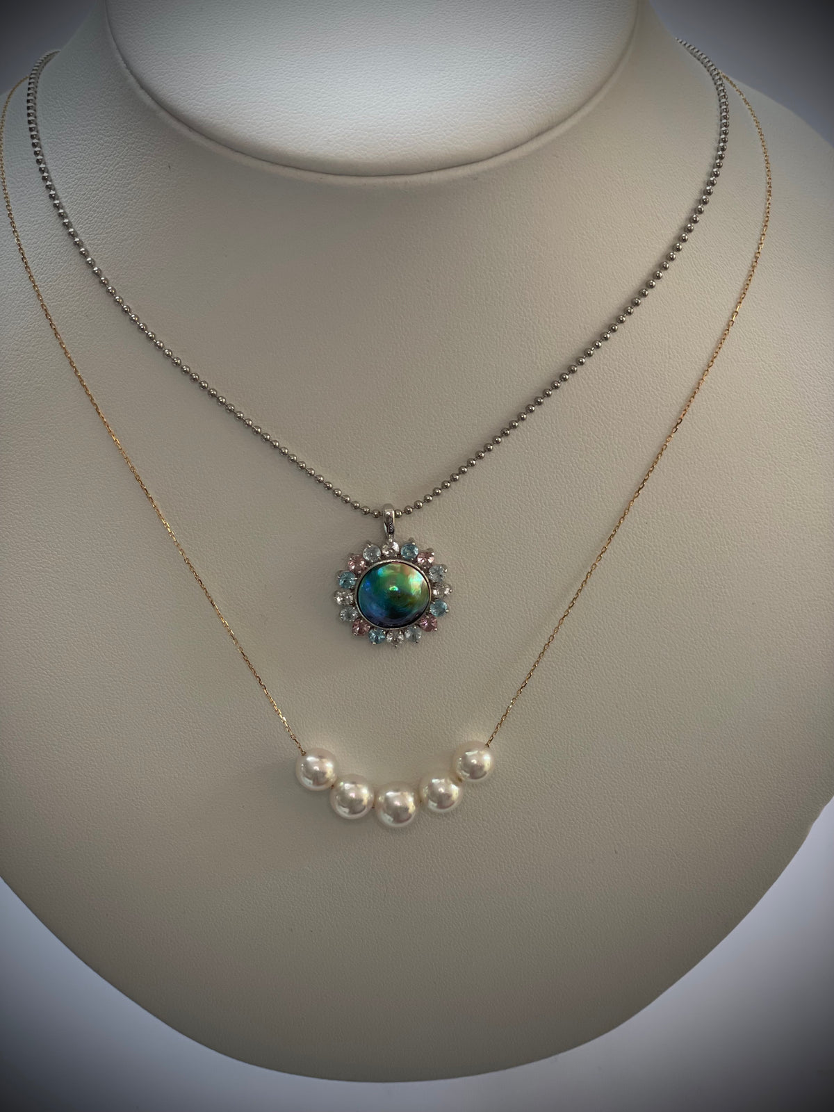 Abalone Pearl 12mm with Color Stone Surround B (Pink Tourmaline, Blue Topaz, Sky Blue Topaz, Citrine White)